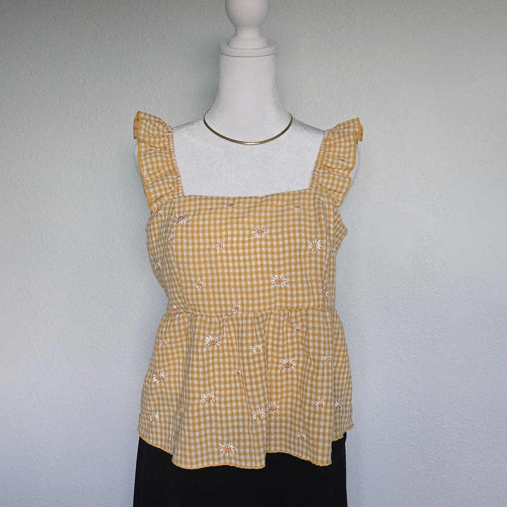 Spring Vibes, Easter Gingham Ruffle Strap Peplum Tank Top in Yellow